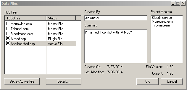 MWMOD-MMW-TES CS Data Files Window - Conflicting Mods with an Active File.png