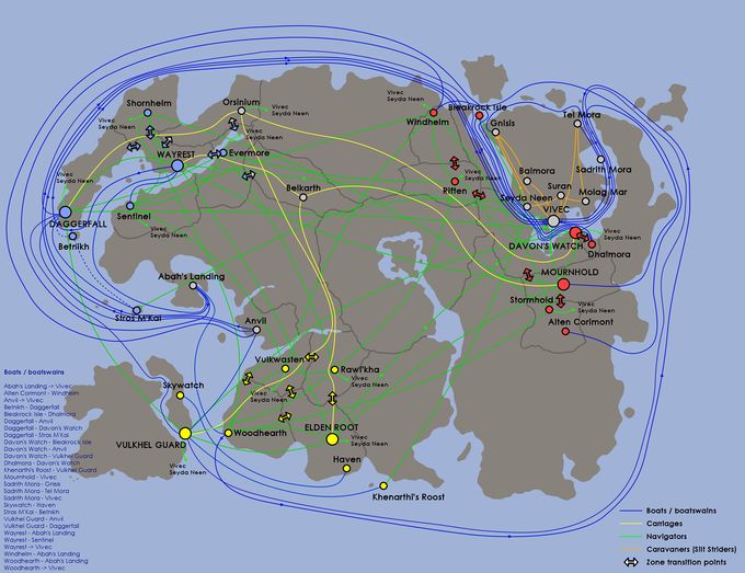 A map showing available boat and carriage travel routes throughout Tamriel