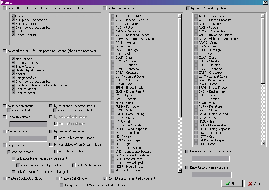 Filter settings for mod cleaning