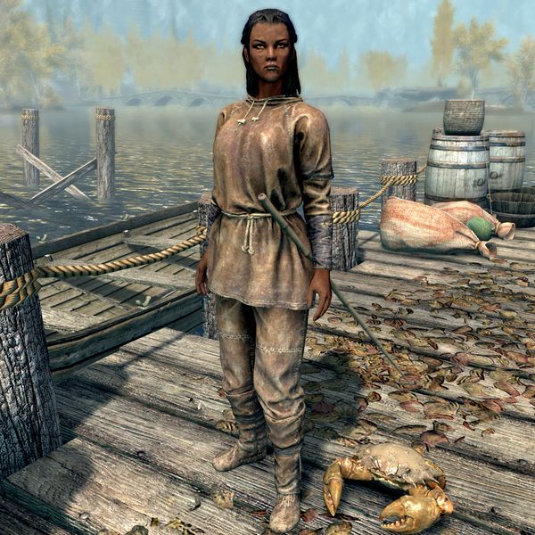 Viriya is a retired Redguard adventuress who works at the Riften Fishery,